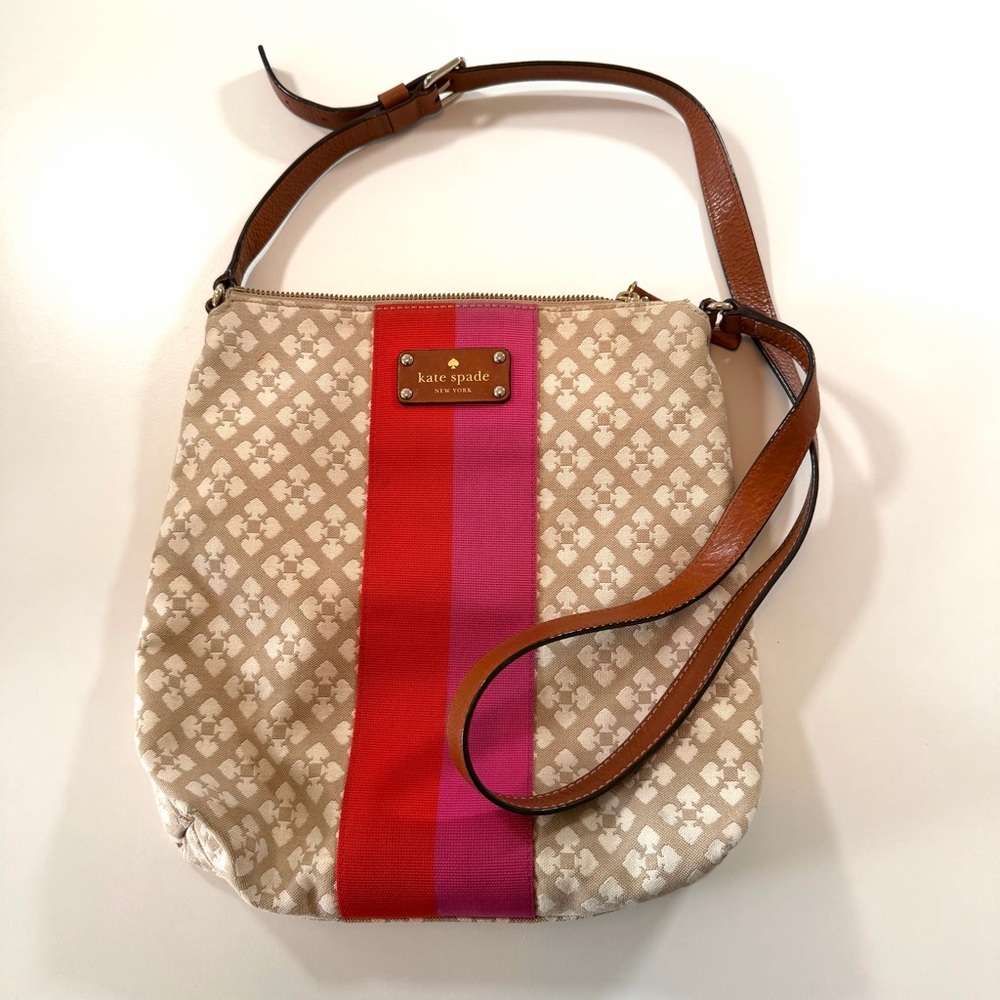 Kate Spade New York Victoria Canvas Crossbody Bag Tan Logo, Red & Pink Stripes